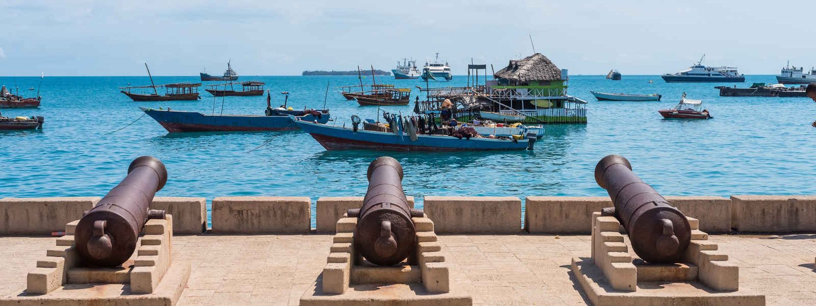 Canons face aux bateaux de pêcheurs, Stone Town, Zanzibar
