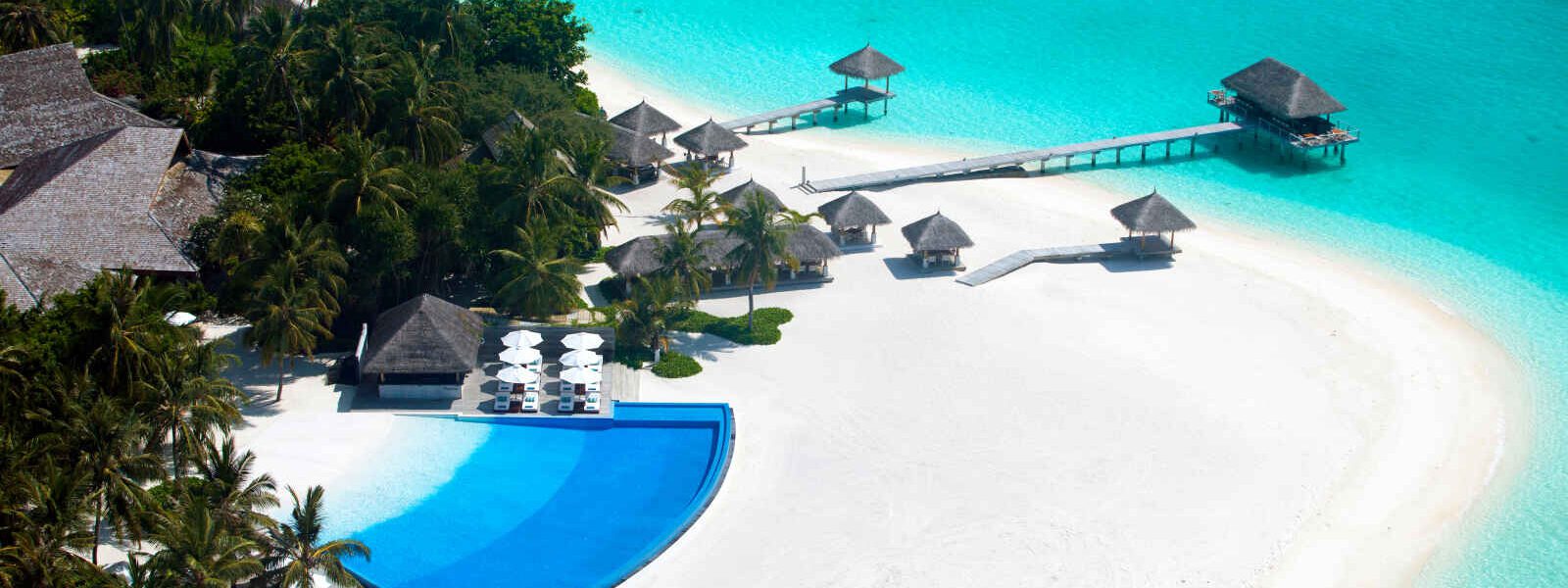 Vue aérienne de l'hôtel, Velassaru Maldives, atoll de Malé, Maldives