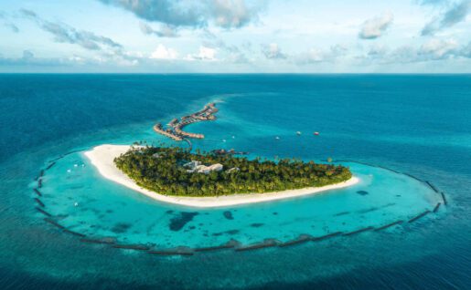 Vue aérienne de l'hôtel, Constance Halaveli, atoll d'Ari, Maldives