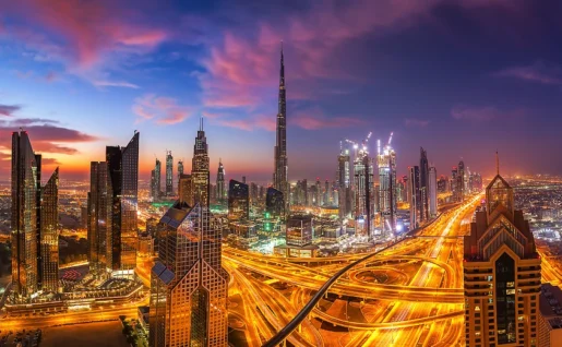 Skyline et Burj Khalifa, coucher du soleil, Dubai, Emirats Arabes Unis