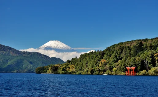 Torii, lac Ashi, près du mont Fuji, Hakone, Japon.