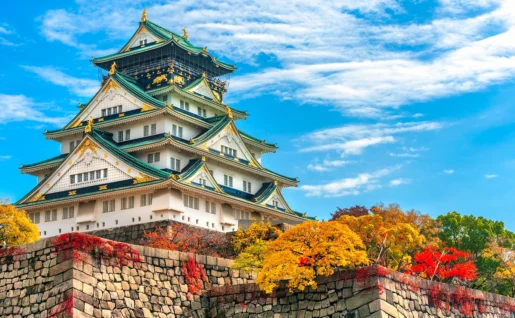 Le château d'Osaka avec les feuilles d'automne, Japon