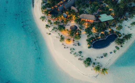 Vue aérienne de l'hôtel, The Brando, île de Tetiaroa, Polynésie Française