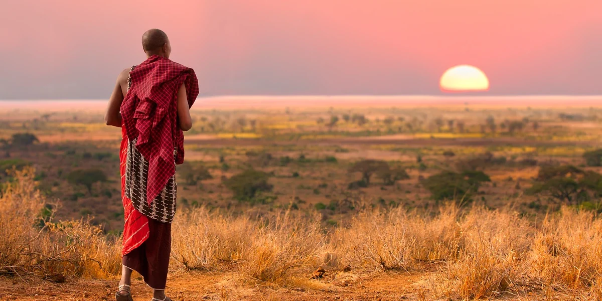 Masai guerrier regarde le Serengeti au coucher du soleil, Tanzanie