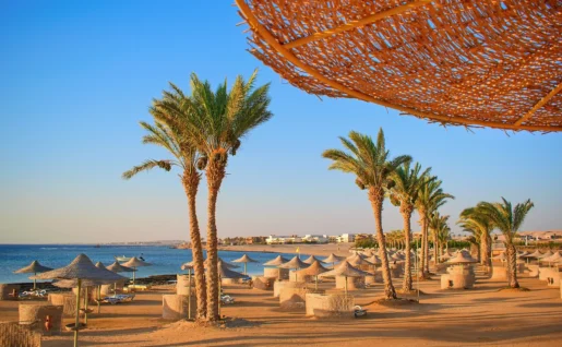 Plage idyllique avec des palmiers et des parasols, mer Rouge, Égypte